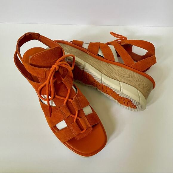 Sorel Joanie III Lace Up Wedge Sandals Orange Suede 70s Style Women’s 11 - Picture 2 of 16